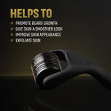 Black grooming tool with text listing benefits on a dark background