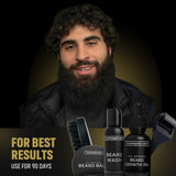 Man with a beard featuring grooming products from The Grooming Lab on a dark background.