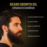 Beard growth oil advertisement with a man's face and text listing benefits on a dark background