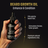 Hand holding a bottle of beard growth oil with text on a black background