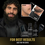 Man with a beard next to grooming products and before-and-after images on a black background